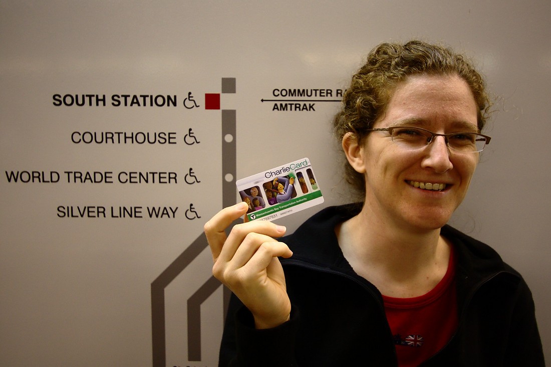 Jen with a Charlie Card in Boston