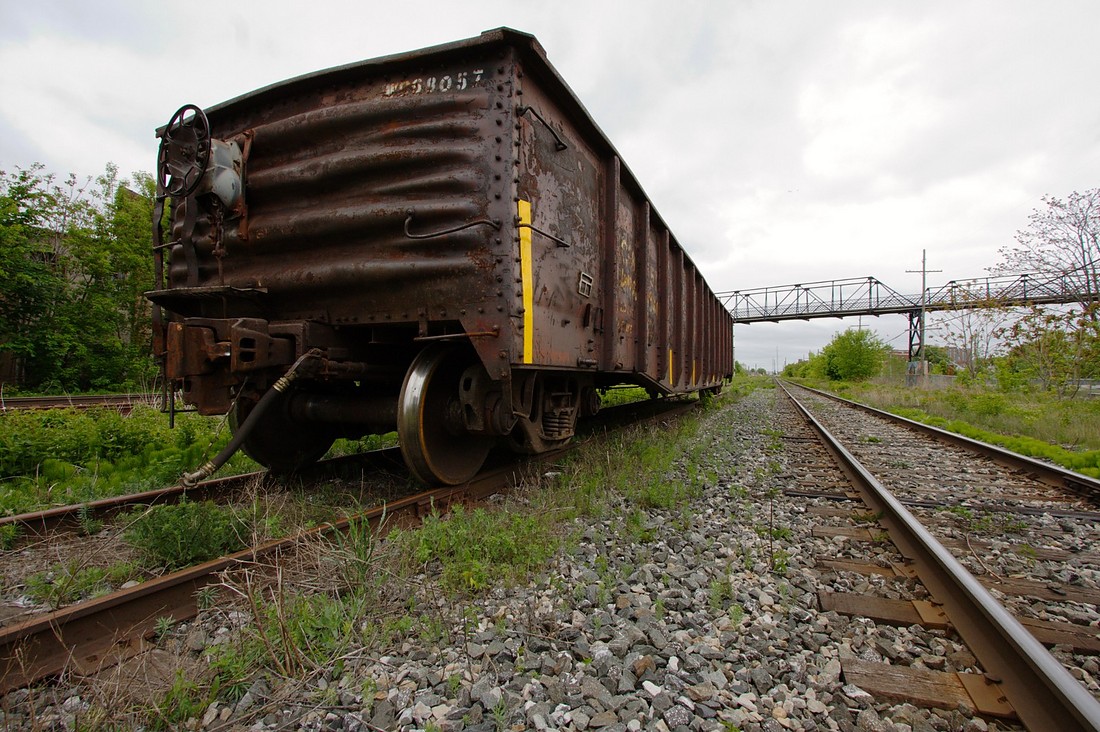 Georgetown tracks, railway car, and Wallace Ave. Bridge